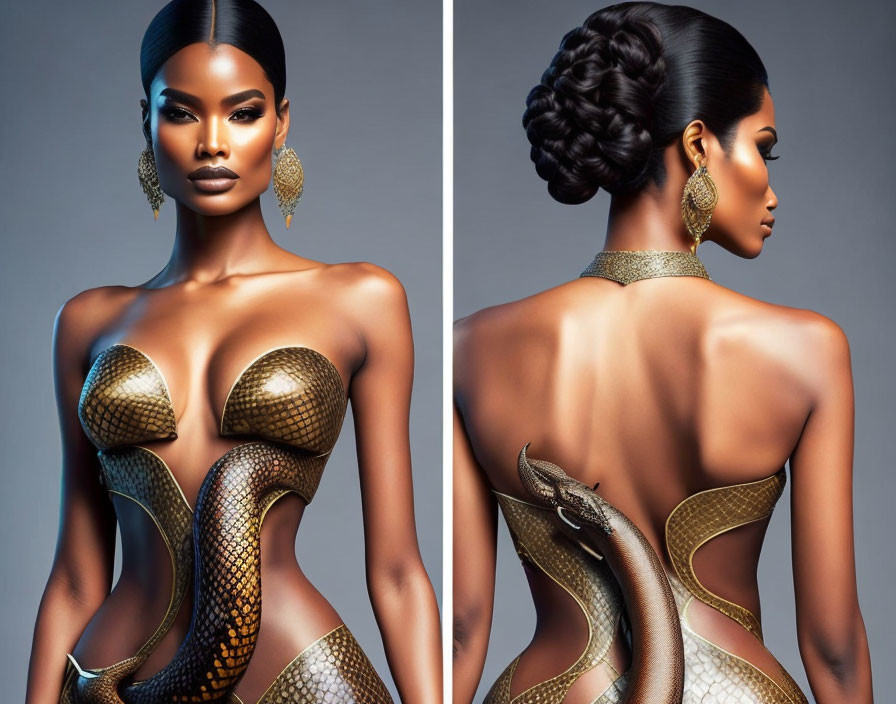 Elaborate golden snake-themed body art and costume design on a woman