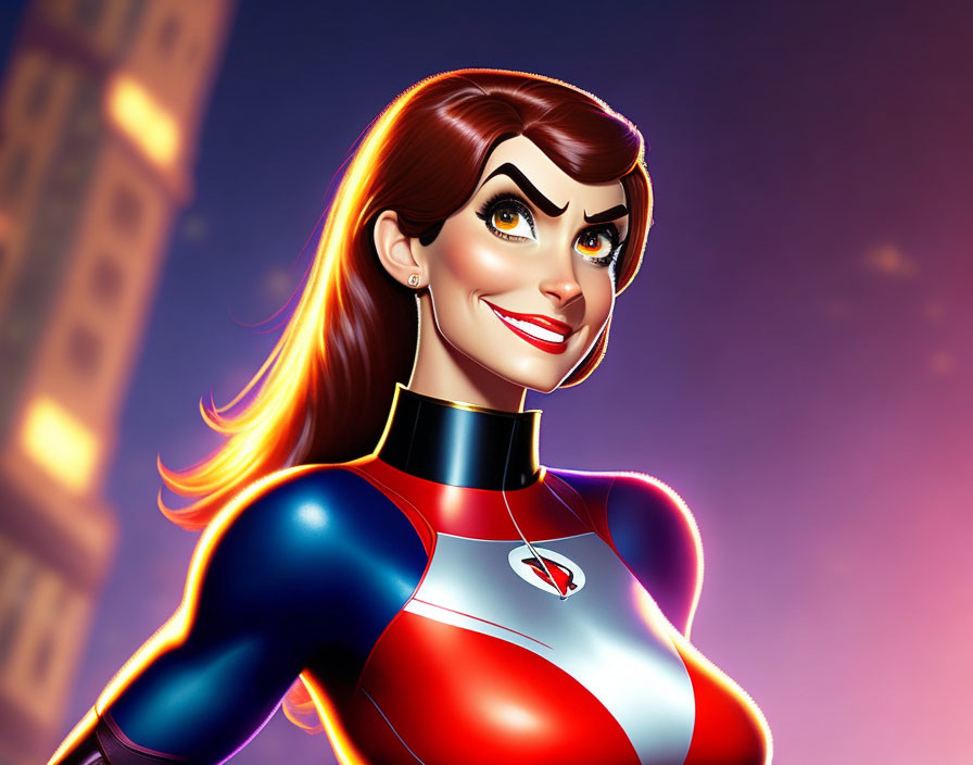 Smiling female superhero with red hair in red, white, and blue costume against city backdrop at dusk