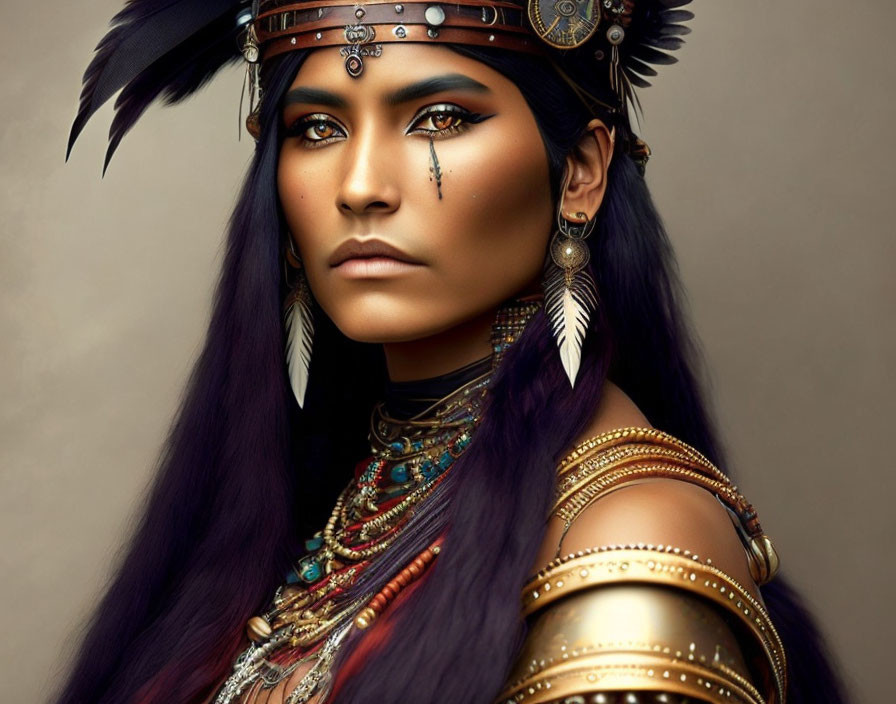 Woman with Long Dark Hair in Native American-inspired Accessories