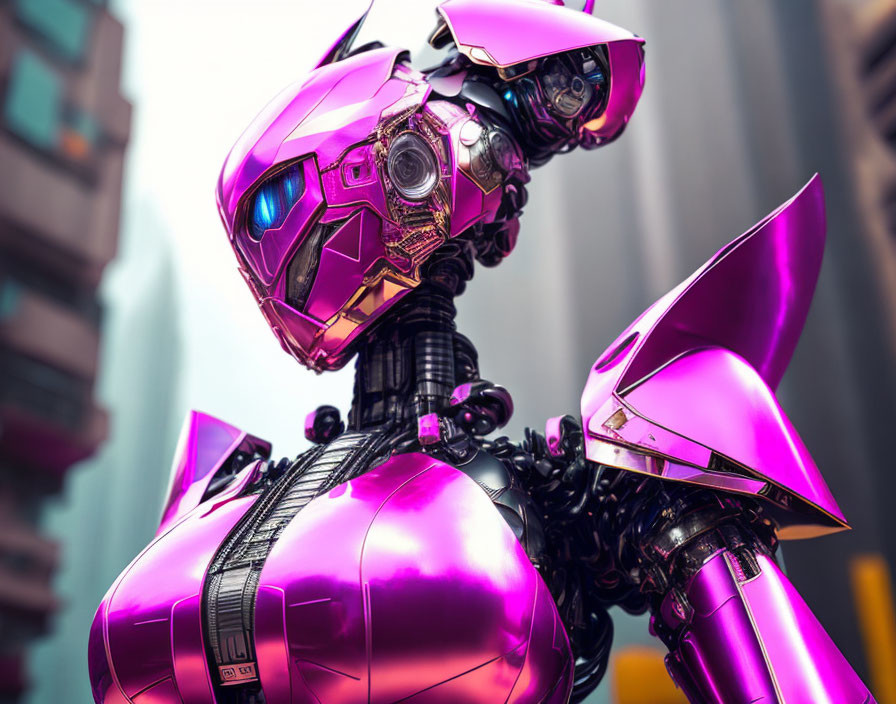 Detailed Glossy Pink and Black Robot with Mechanical Design Features on Urban Background