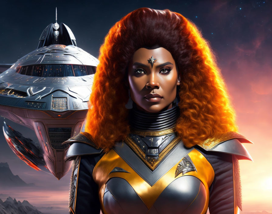 Futuristic warrior woman with orange and red afro in metallic armor by spaceship at dusk