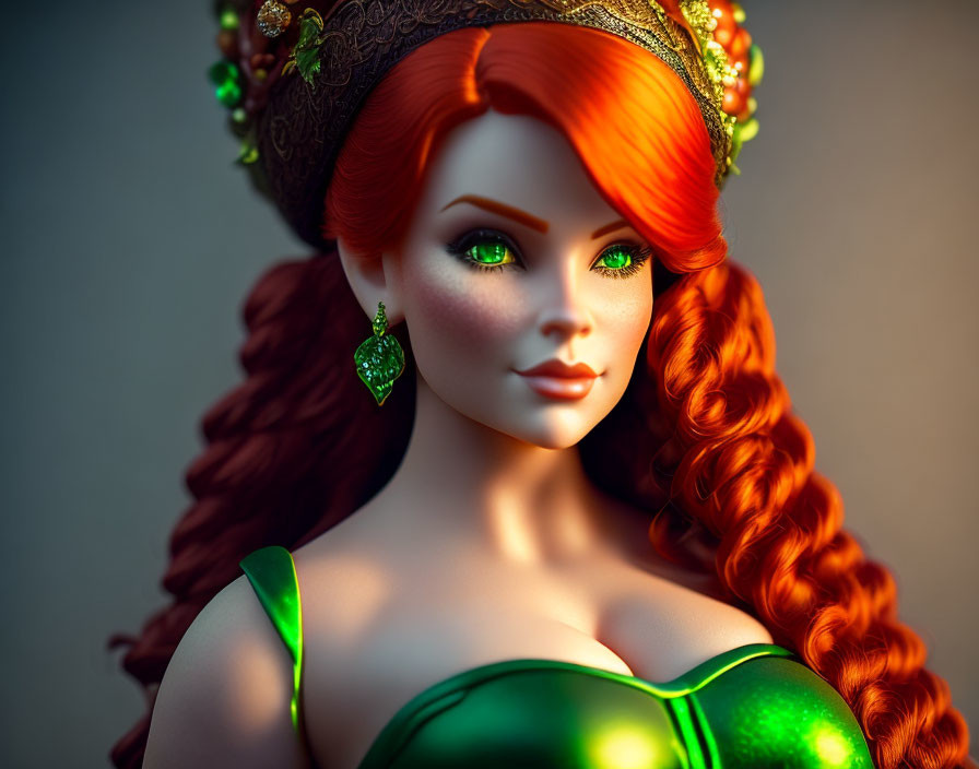 3D-rendered image of woman with red hair, golden crown, green dress