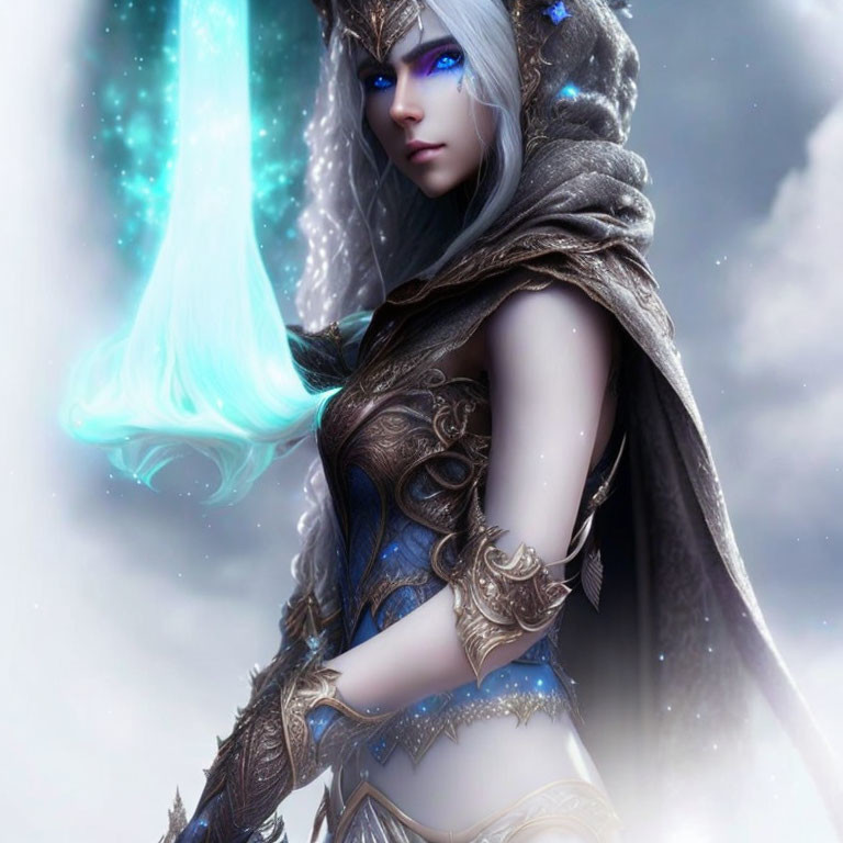 Silver-haired female warrior in ornate armor faces glowing blue magical entity in mystical scene