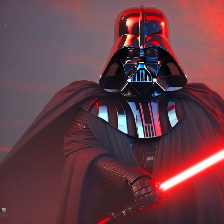 Person in Darth Vader costume with red lightsaber on dramatic red background