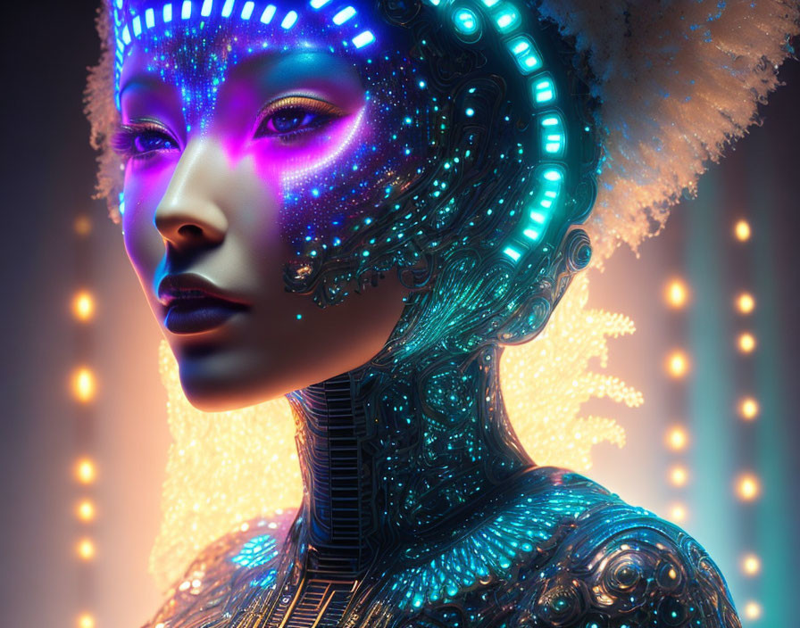 Futuristic digital artwork of female figure with cybernetic design