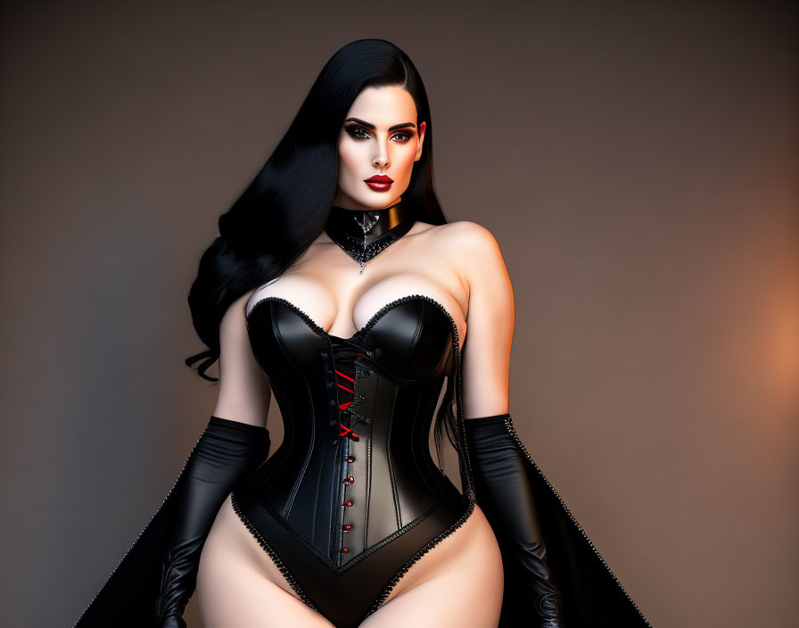 Dark-haired woman in black corset and gloves on gradient backdrop.