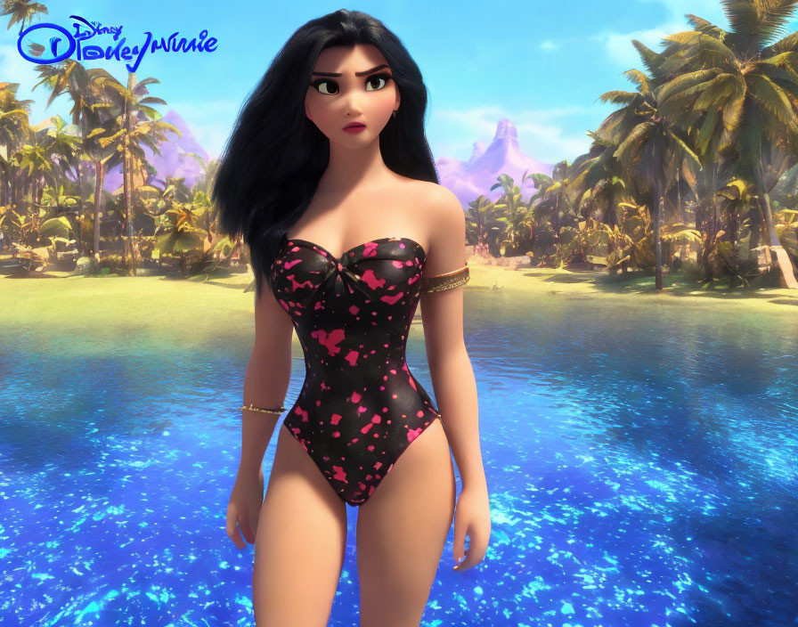 3D animated female character in heart swimsuit on tropical beach