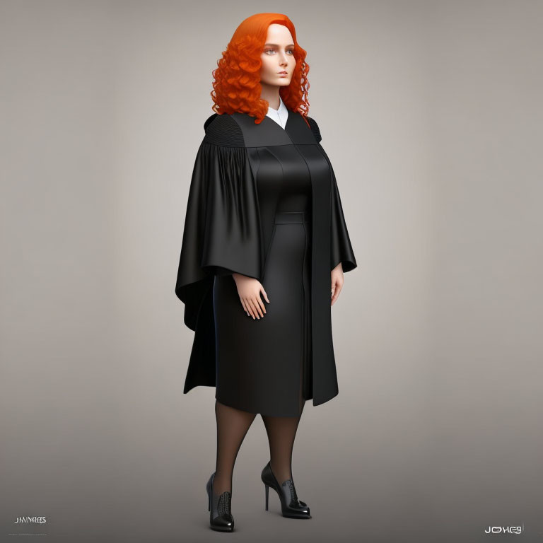 3D illustration of woman with red hair in black judge's robe