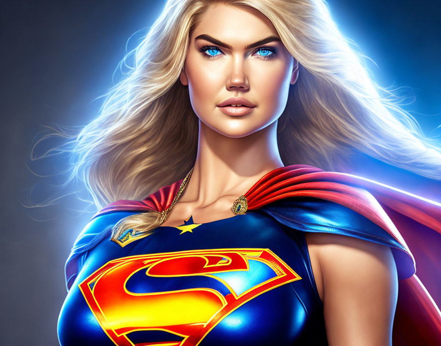 Blond, Blue-Eyed Female Superhero in Red Cape and Superman Costume