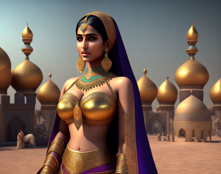 Traditional Indian princess in front of ornate golden-domed buildings