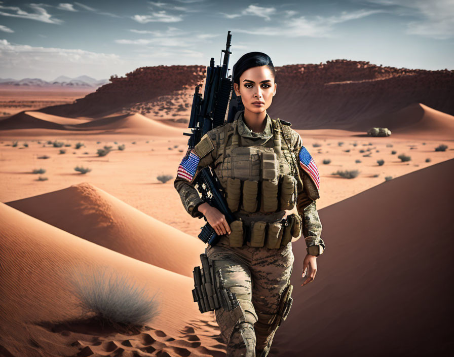 Female soldier in camo gear with assault rifle in desert setting