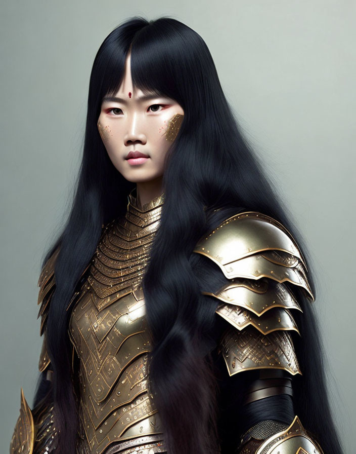 Long Black Hair Person in Ornate Golden Armor with Unique Gold Facial Makeup