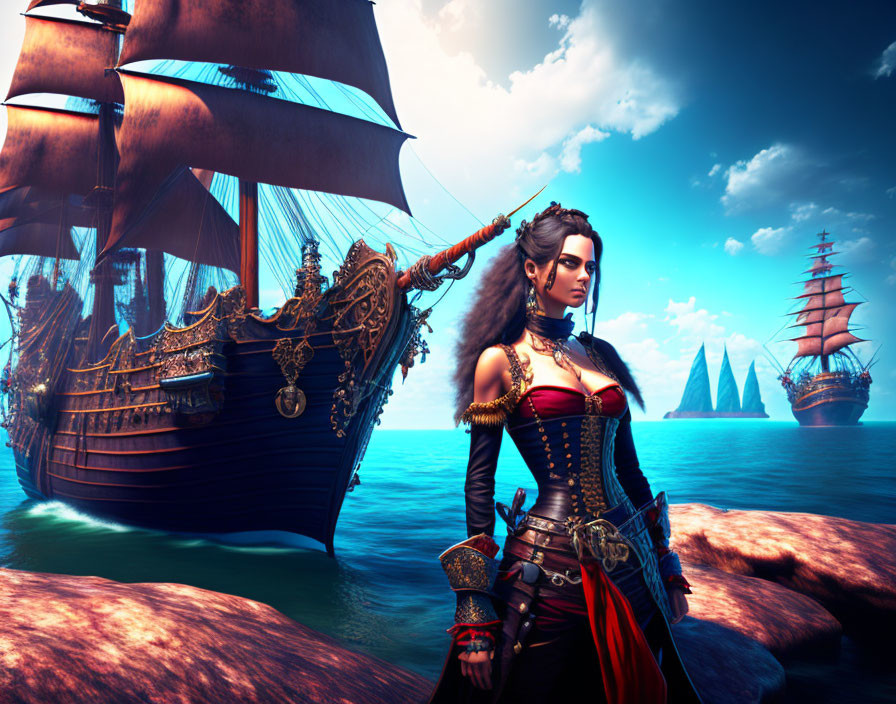 Woman in pirate costume by sea with ships and rock formations under blue sky