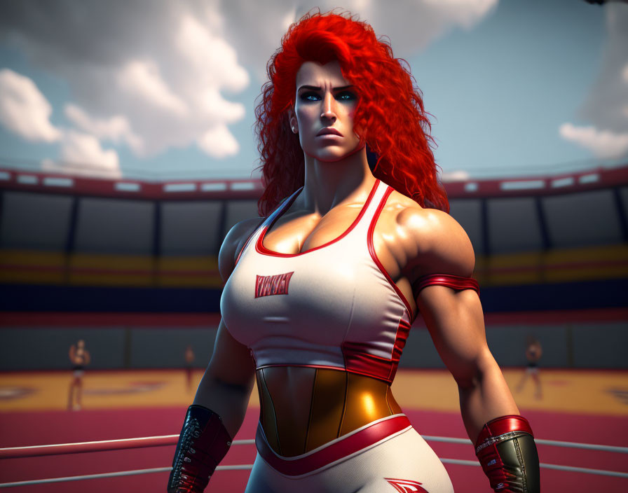 Fiery red-haired female wrestler in white and red outfit