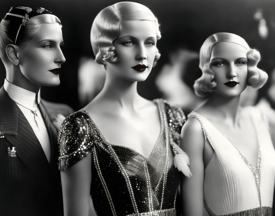 Vintage 1920s Women in Striking Makeup and Attire Pose Elegantly