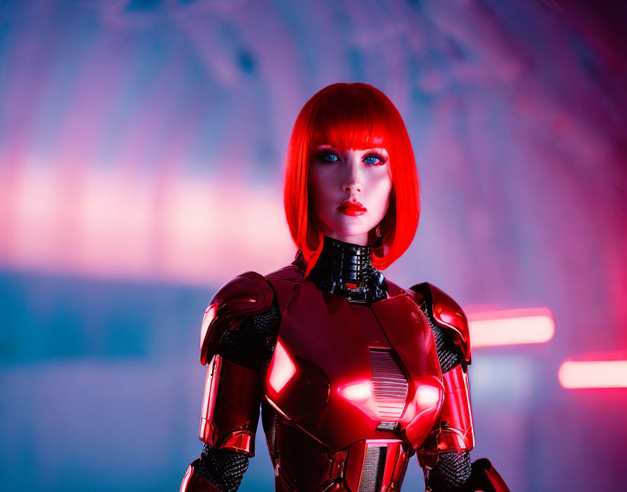 Futuristic female figure in red robotic suit with bob haircut in neon-lit room