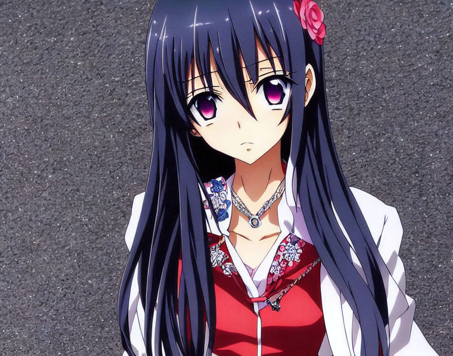 Anime girl with black hair, purple eyes, and red flower accessory in traditional attire