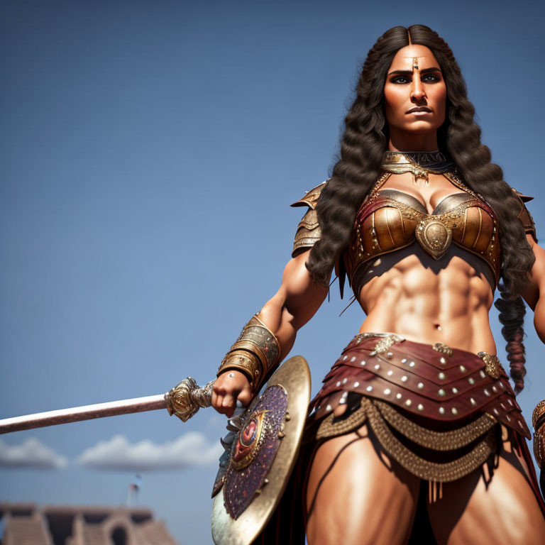 Warrior woman 3D rendering in bronze armor with sword and shield