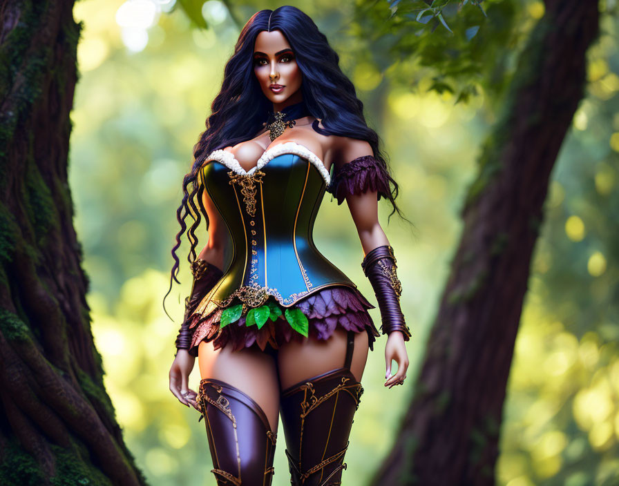 Dark-haired female figure in fantasy outfit among forest trees