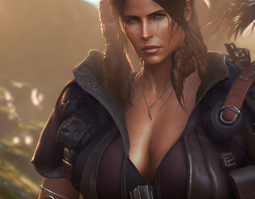 Brown-haired female video game character with braids in leather outfit and necklace in close-up shot.