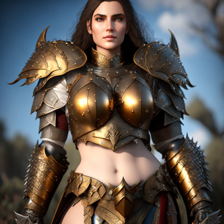 Female Warrior 3D Rendering in Gold and Silver Armor