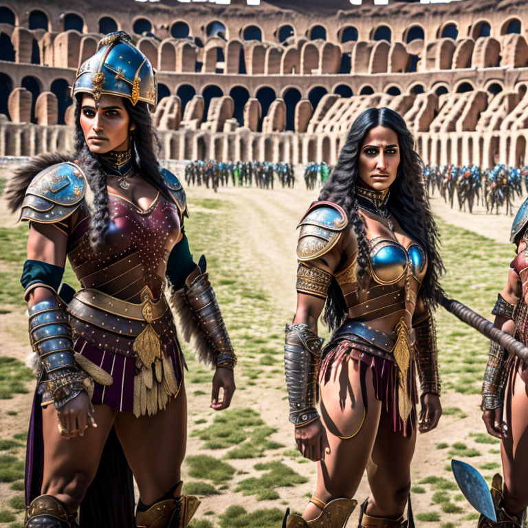 Two female warriors in ornate armor in ancient arena with soldiers in background