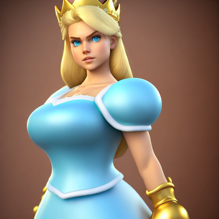 Princess Peach 3D illustration with golden crown and blue dress