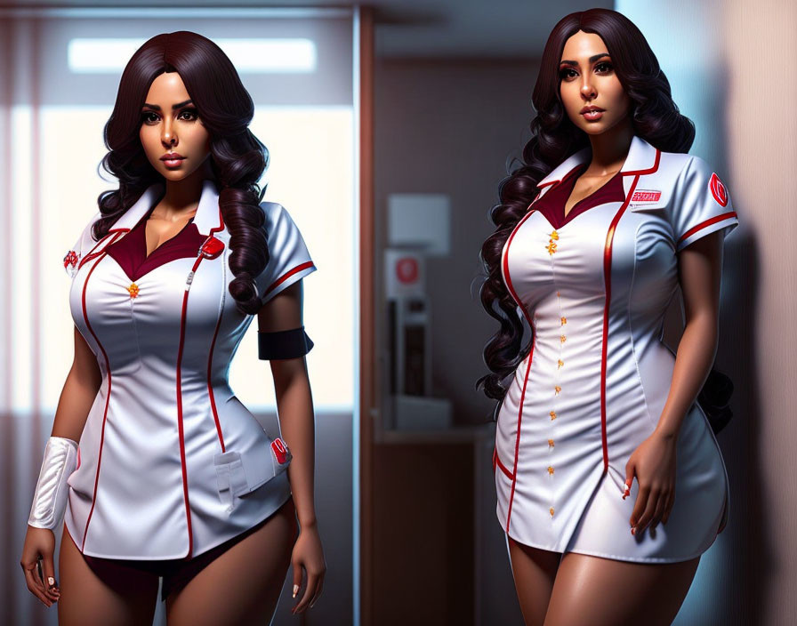 Digital artwork: Woman with long dark hair in white and red nurse's uniform indoors