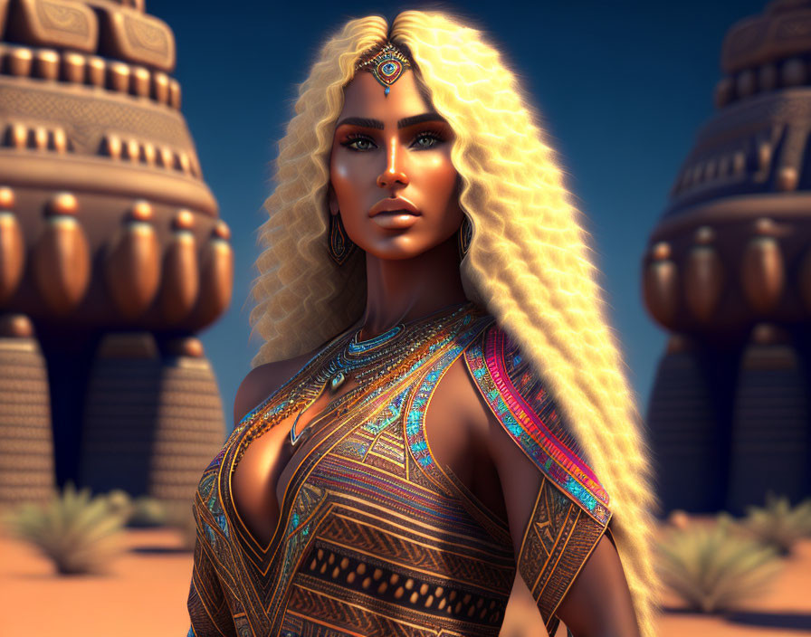 Blonde woman in tribal attire with intricate patterns in 3D illustration