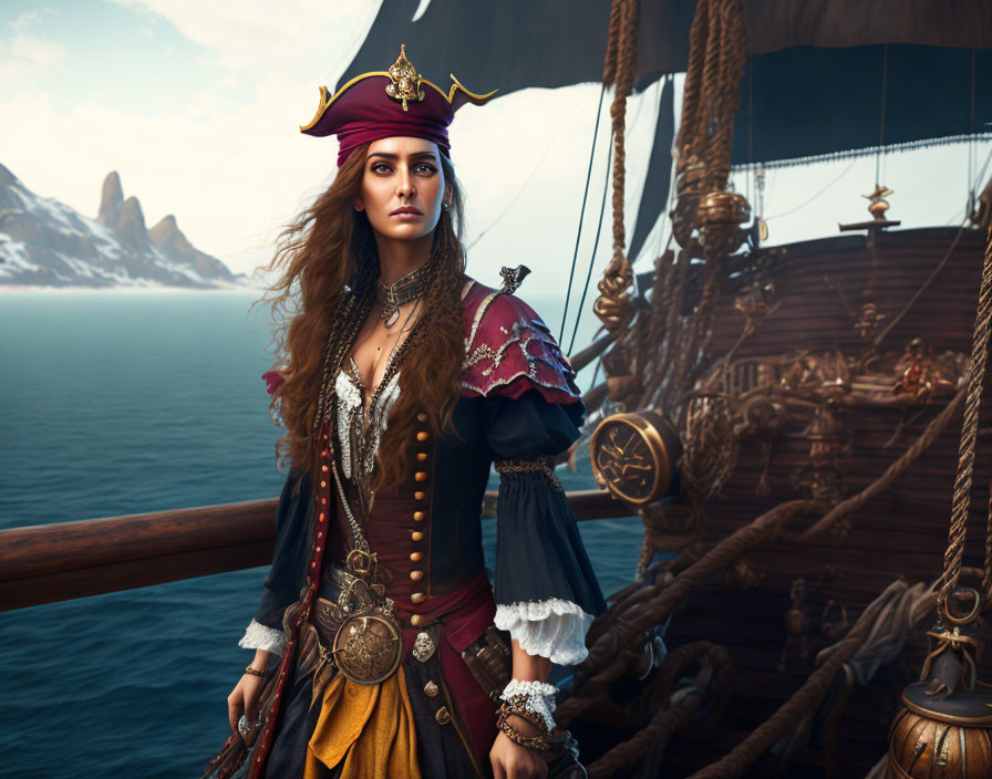 Female pirate in tricorne hat on ship deck with ocean backdrop