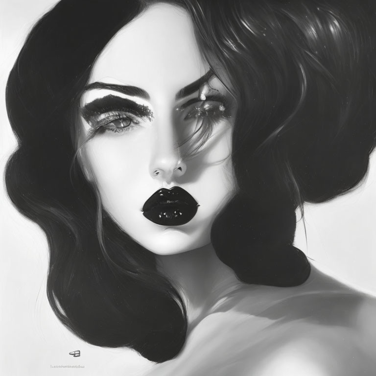 Monochromatic portrait of a woman with bold makeup and wavy hair