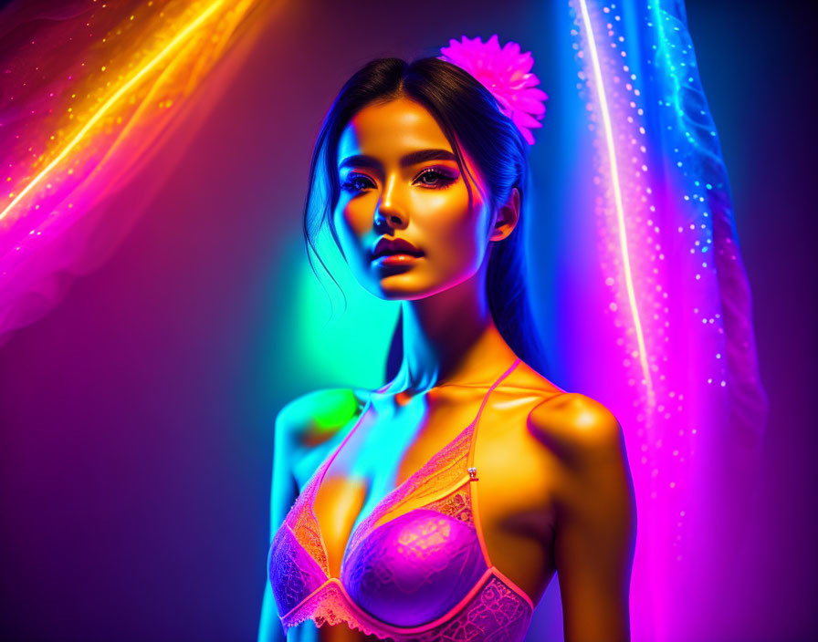 Woman with Flower in Hair in Pink Bra under Neon Lights