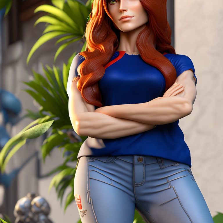 Animated character with red hair and blue eyes in blue top and gray pants standing by tropical plants