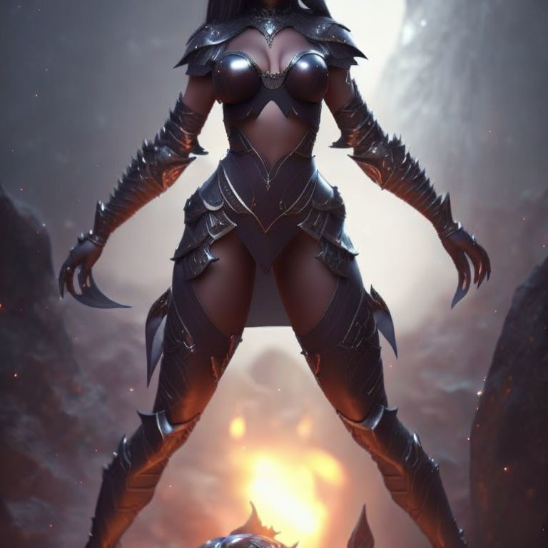 Armored female fantasy character in battle stance with fiery landscape.