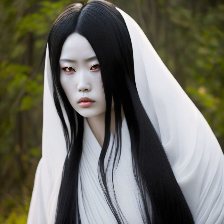 Pale-skinned person in white garment with red eyes and black hair against natural backdrop