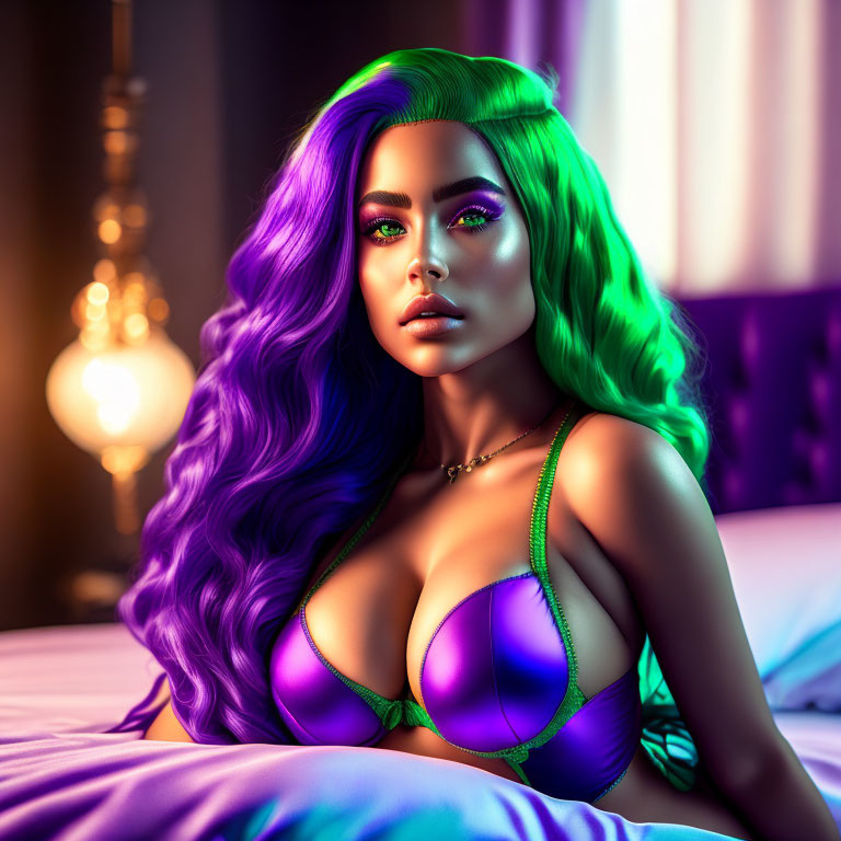 Woman with Green and Purple Gradient Hair and Makeup in Dimly Lit Room