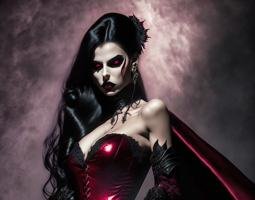 Gothic woman with red glowing eyes in vampiric makeup