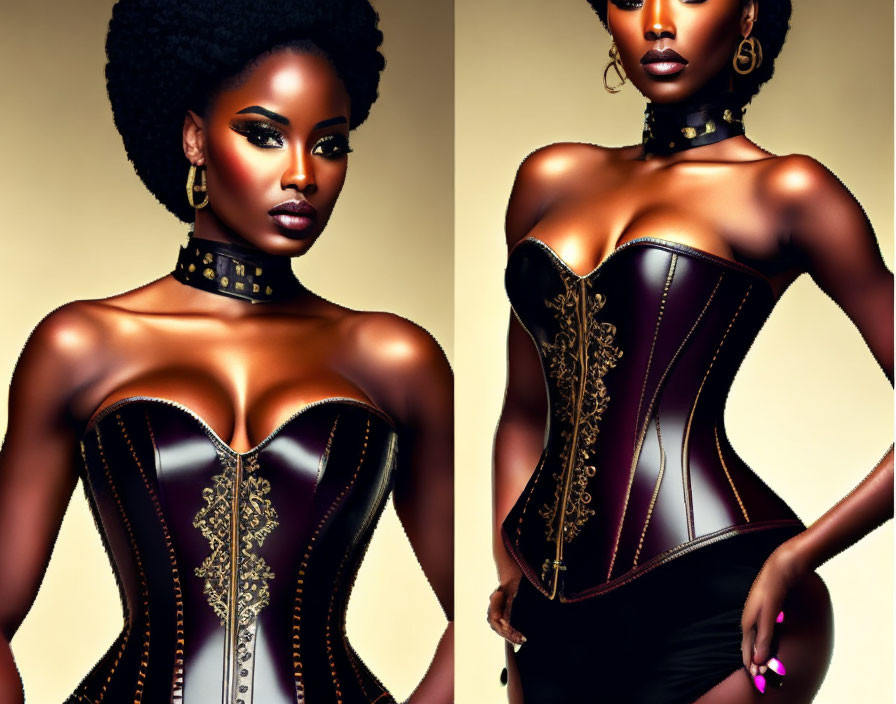 Digital artwork: Woman with afro in gold-accented corset on golden backdrop