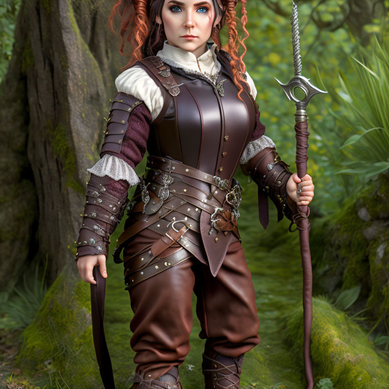 Female warrior fantasy figurine with red hair, brown leather armor, gauntlets, and crescent