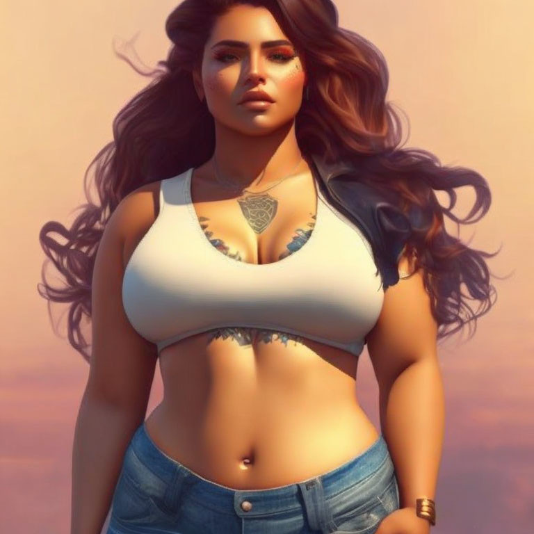 Curvaceous woman in white cropped top and jeans on pink backdrop