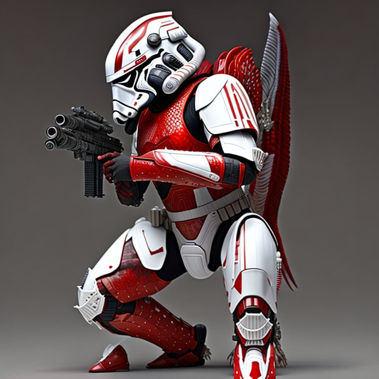 Futuristic character in white and red armor with blaster and sword