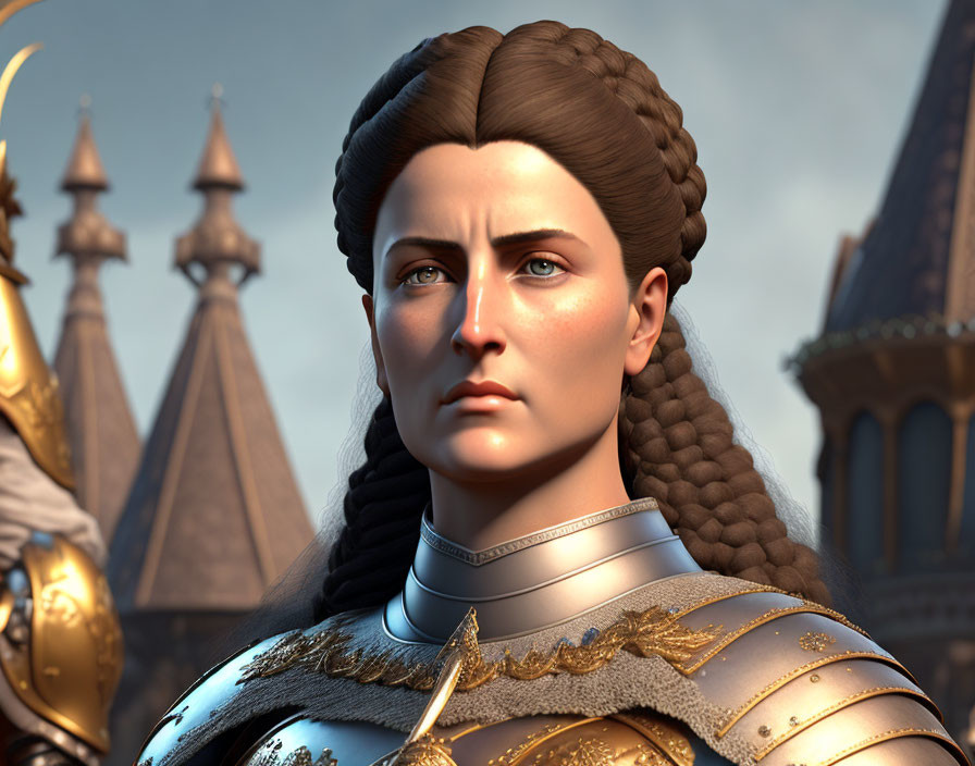 Detailed 3D rendering of woman in medieval knight armor with braided hair and stern expression against castle