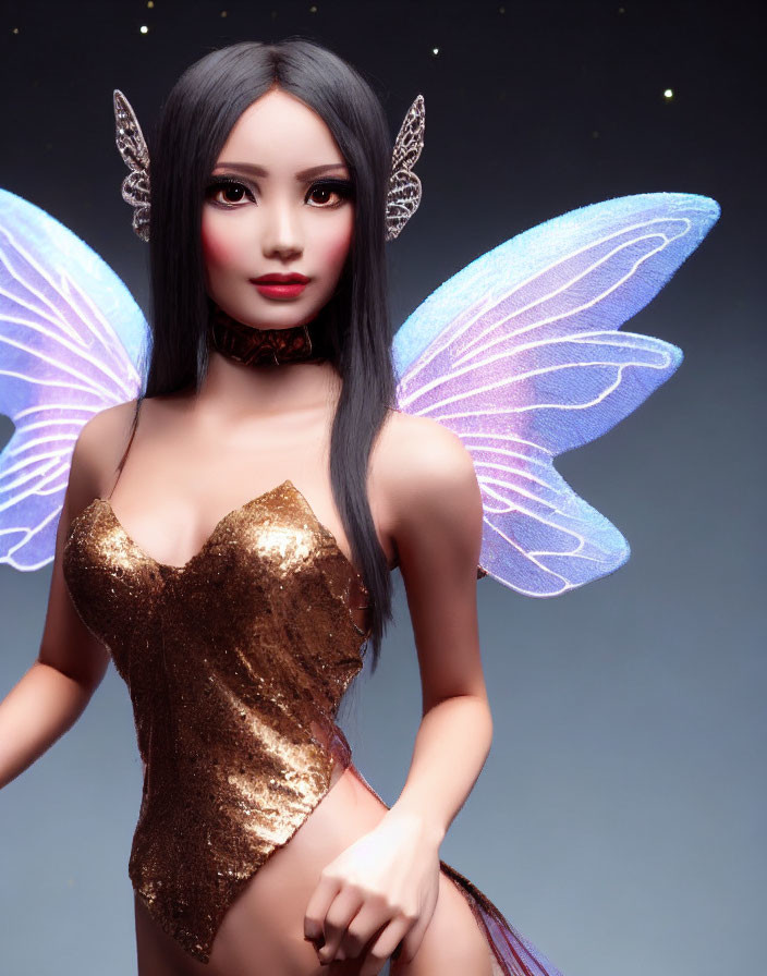 Fantasy-themed doll with dark hair, elf-like ears, golden top, and iridescent wings