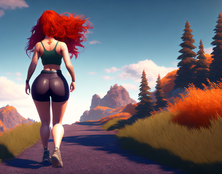 Red-haired woman jogging on serene path with orange grass and evergreen trees