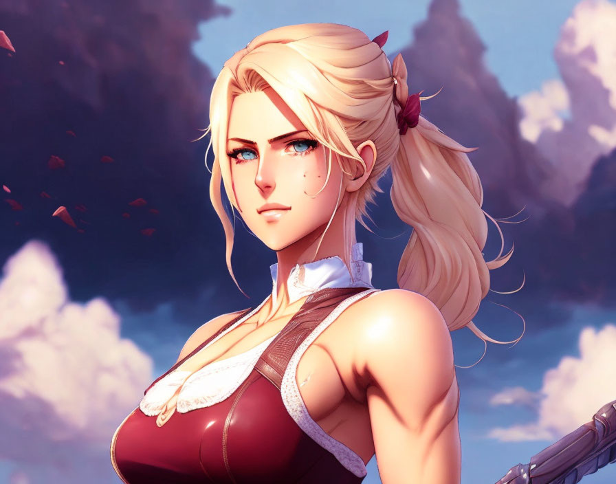 Blonde-Haired Female Character in Red Top and Cloudy Background