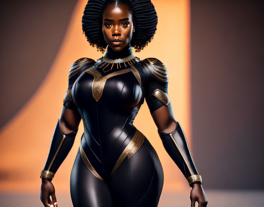 Futuristic woman in black and gold suit with avant-garde hairstyle