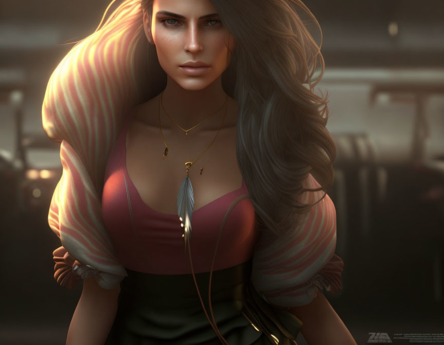 Digital artwork of woman with flowing hair, blue eyes, red top, and gold feather necklace