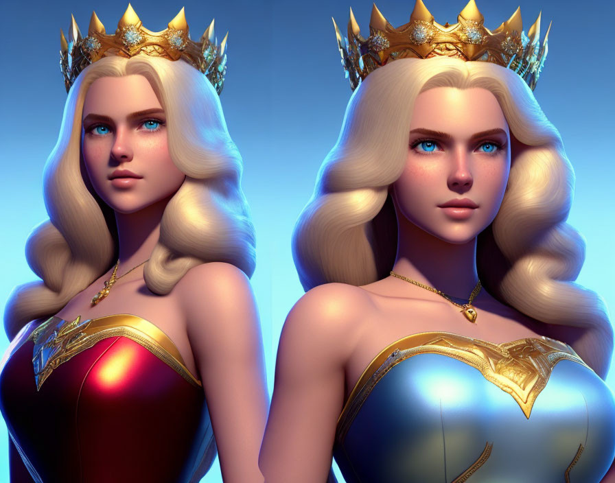 Stylized 3D portraits of a woman in golden crown, blond hair, blue eyes,