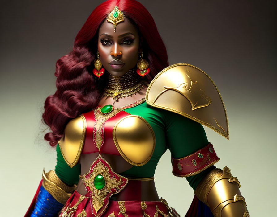 Regal warrior woman in gold and green armor with red flowing mane