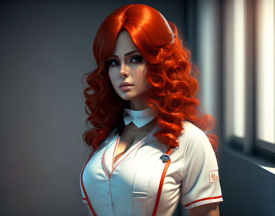 Vibrant red-haired woman in nurse uniform with choker, 3D illustration